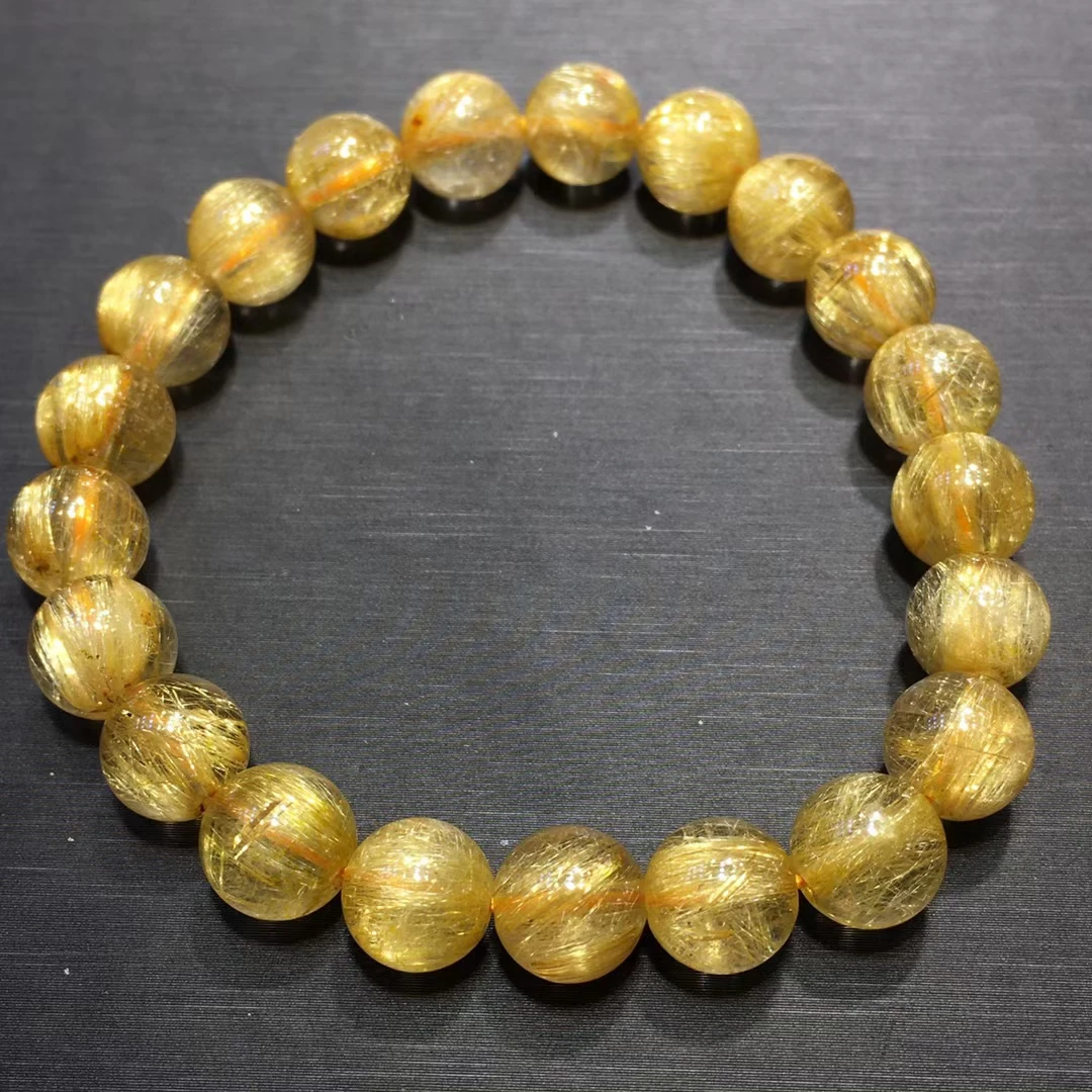 

Natural Brazil Gold Rutilated Titanium Quartz Bracelet Woman Men Wealthy 9mm Clear Round Beads Crystal Charms AAAAA