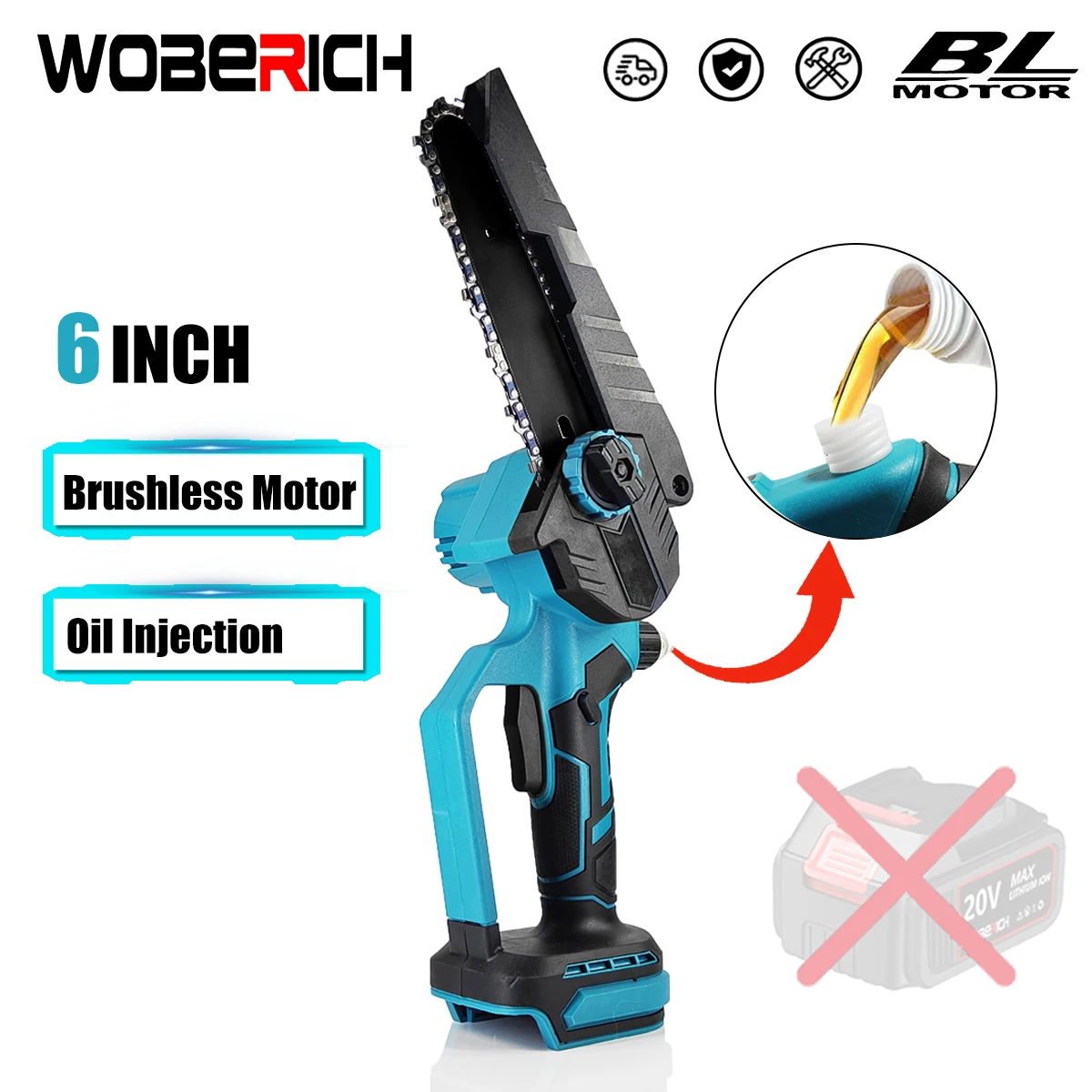 WOBERICH brushless chainsaw 6 inch powerful cordless rechargeable handheld small electric saw no battery Makita battery