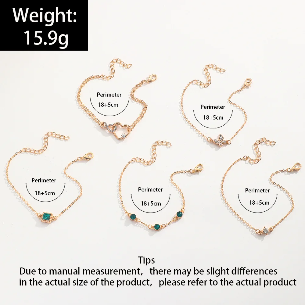 5Pcs Fashion Green Crystal Bracelet Set For Women Butterfly Heart Charm Gold Silver Color Chain Bangle Female Trendy Jewelry - Image 3