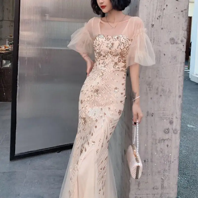 Glitter Crystal Embroidery Flower Evening Mermaid Dress For Women Gold Luxury Ladies Maxi Gala Tulle Dress Female Wedding Gowns