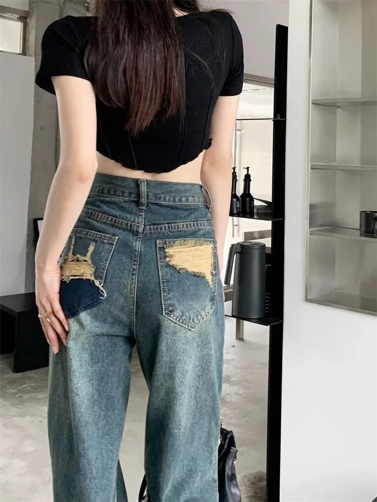 

HOUZHOU Y2K Ripped Baggy Jeans Women Vintage 90s Streetwear High Waist Wide Leg Denim Pants Oversize Trousers Harajuku Hippie