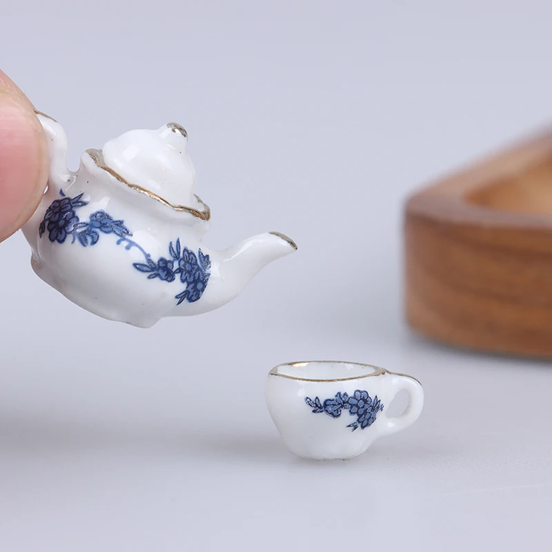 6pc Dollhouse Miniature Dining Ware Porcelain Tea Set Dish Cup -flower Pattern For Kids Creative Play