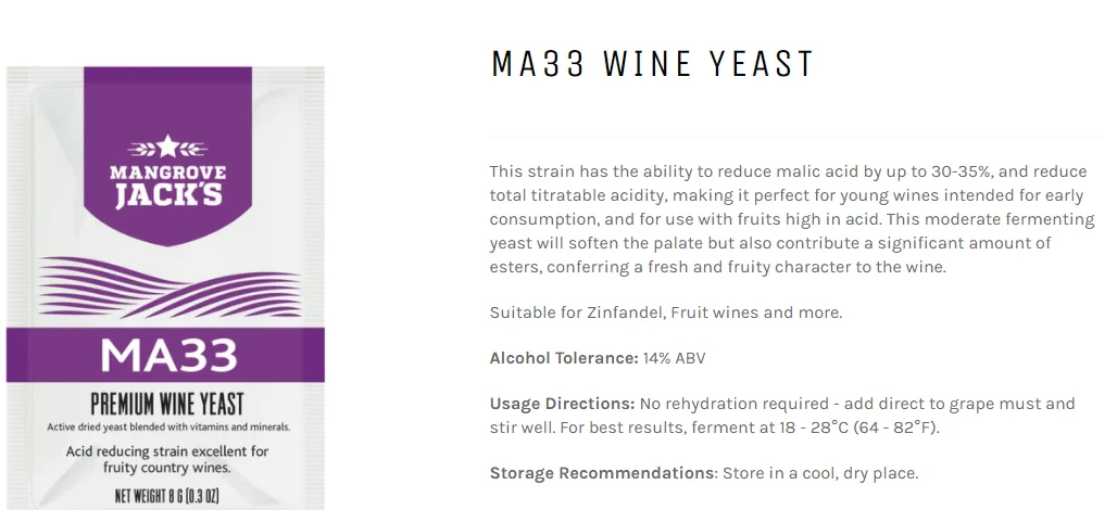 MA33 Premium Wine Yeast Blended with Vitamins and Minerals Acid Reducing Strain Excellent for Fruity Country Filterr Bag 1pcs/8g