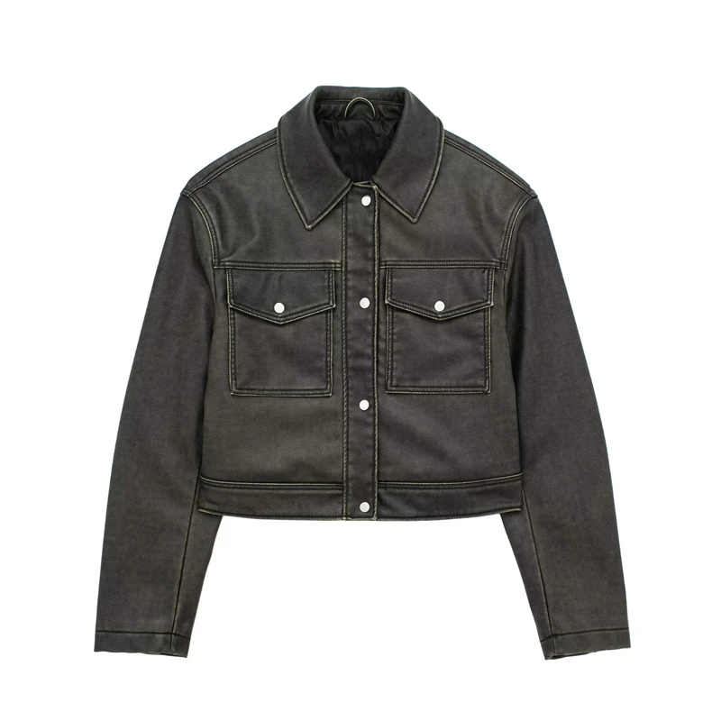 

All-match Casual Lapel Slender Aviator Faux Leather Jacket Women's New PU Leather Slim Jacket