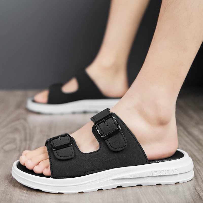 Summer Men's Fashionable Double Button Casual Slippers Breathable Hotel Beach Sandals Classics Outdoor Comfort Lightweight Shoes