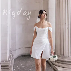 Женское Короткое свадебное платье, Элегантное Белое Атласное плиссированное платье с открытой спиной и открытыми плечами, с Боковым Разрезом, 2023