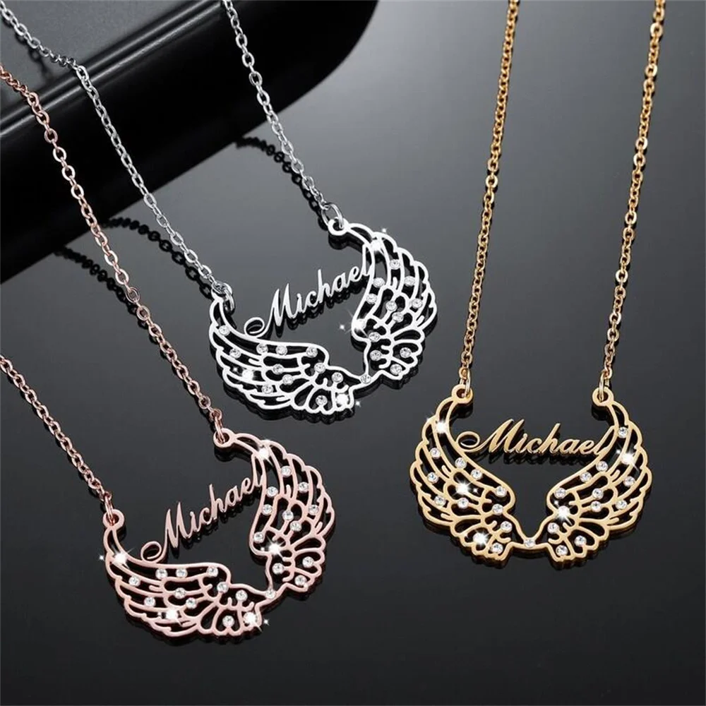 Custom Name Necklace Angel Wings Name Necklace Diamond Pendant Crystal Fairy Wings Necklace Jewelry Gift for Women