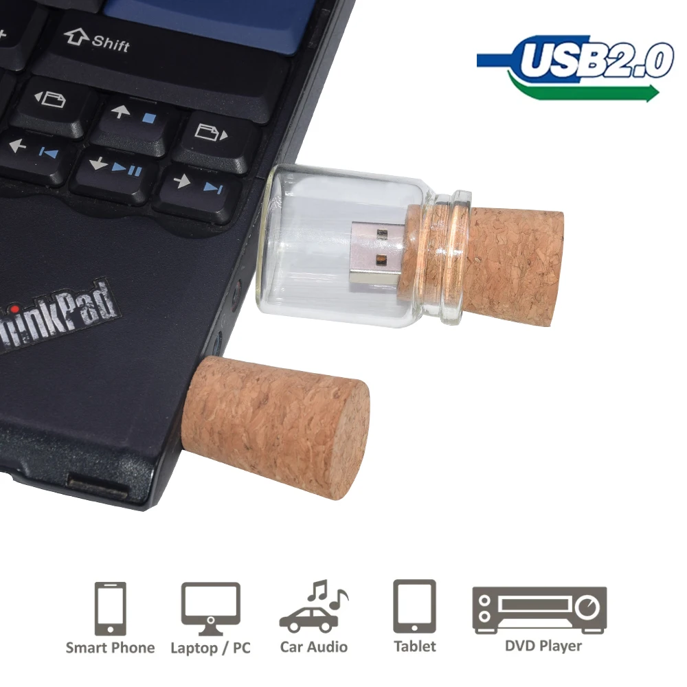 1개 USB 2.0 무료 맞춤 로고 유리 드리프트 병 코르크 마개 USB 2.0 플래시 드라이브 유리병 펜드라이브 4GB 8GB 16GB 32GB 64GB 128G