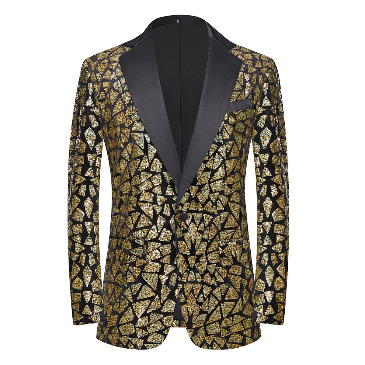 

Men's Gold Sequins Lapel Velvet Tuxedo Blazer Slim One Button Wedding Party Suit Jacket Evening Banquet Host Performance Blazers