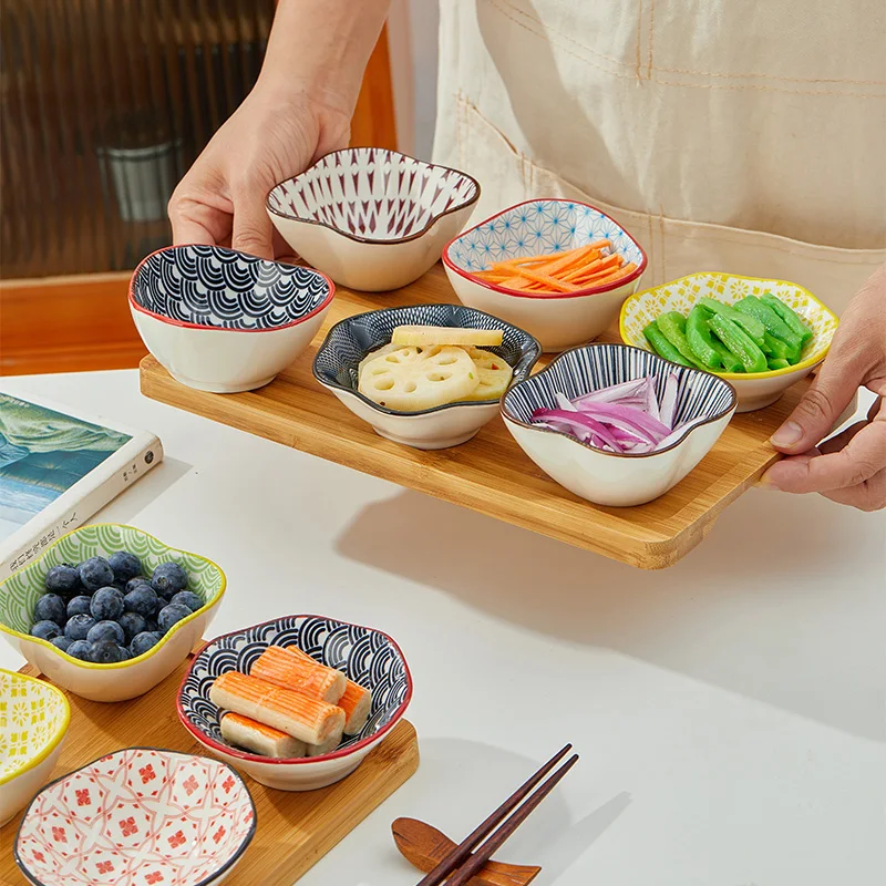 

COZYOU-Small Ceramic Soy Sauce Dish Set for Sushi, Underglaze Mixed Color Dip Bowls, Mini Seasoning Appetizer Plate, 4 Pcs