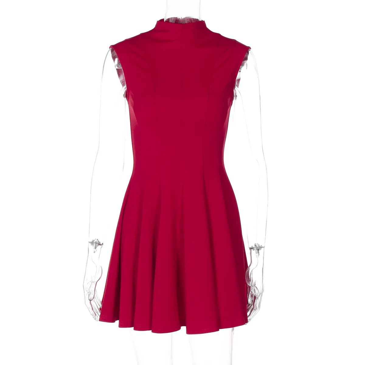 Sleeveless Folds Mini Dress Women's Solid Color High Waist Outfits Half Turtleneck Elegant Club Casual Party Dress A-Line