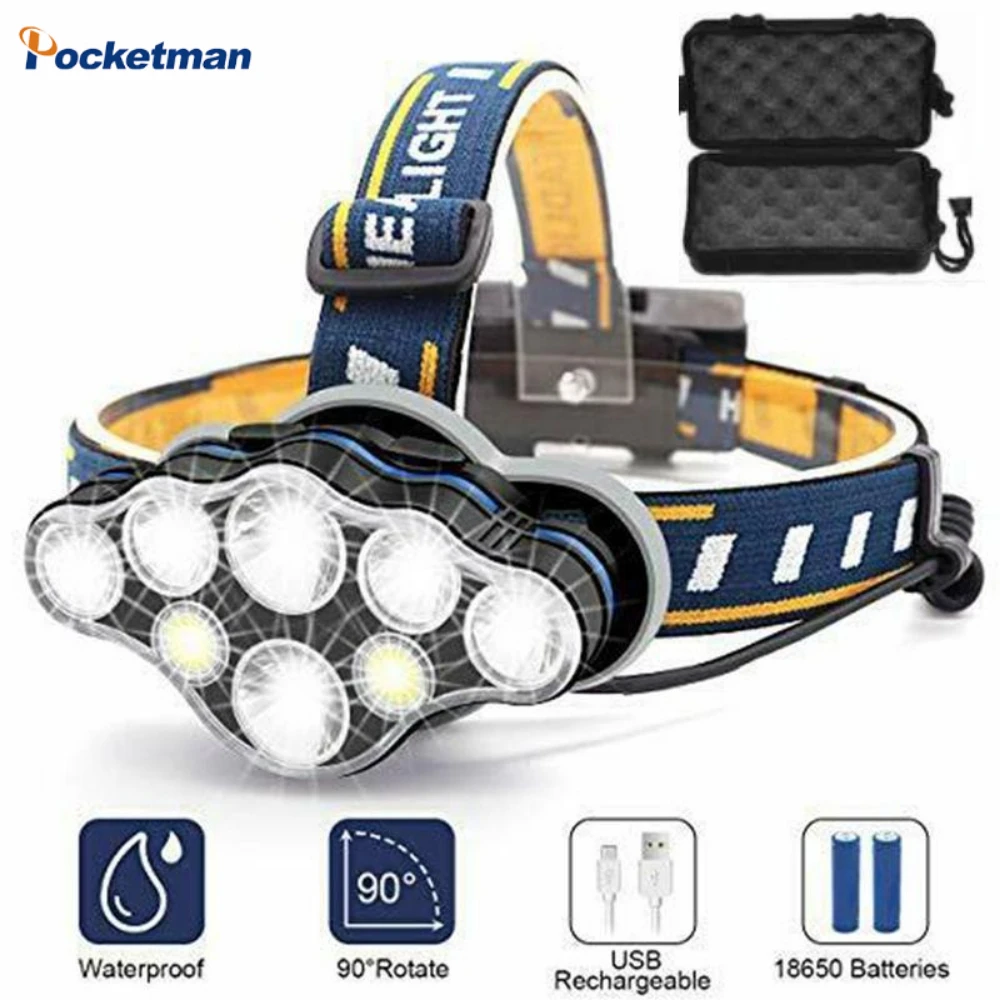 Strong Light LED Headlamp 8 Modes Waterproof LED Head Lamp Head Flashlight USB Rechargeable with Red Light for Outdoor Camping