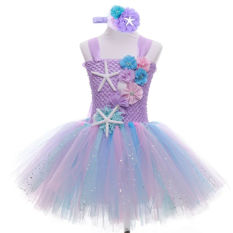 

Детское платье принцессы, платье под море, детские платья принцессы для девочек, костюм на день рождения с цветочной повязкой на голову