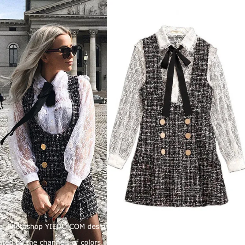 

Office Lady Two Piece Set 2023 Spring Autumn New Elegant Fashion Korean Chic Plaid Outfits Lace Blouses + Mini Dresses