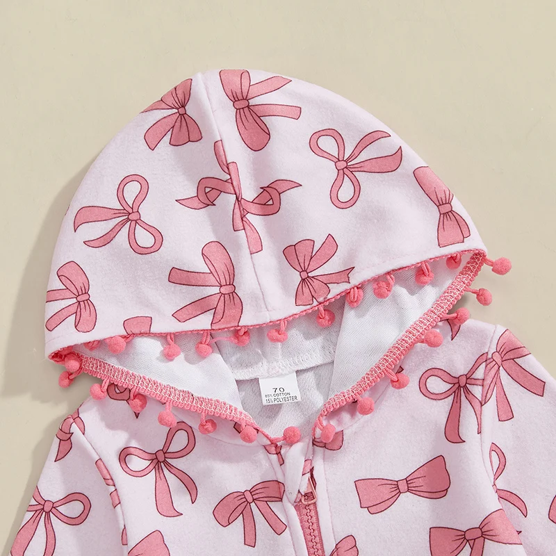 Girls Hooded Beach Robe Bow Print Long Sleeve Zipper Closure Loose Ruffled Hem Cover-Up