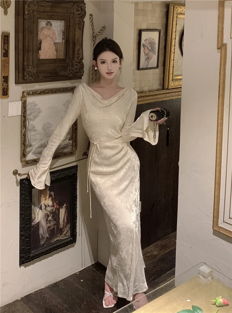 Autumn Bodycon Wedding Evening Dresses for Women Flare Sleeve Swinging Collar French Vintage Prom Robe Midi Vestidos Mujer New