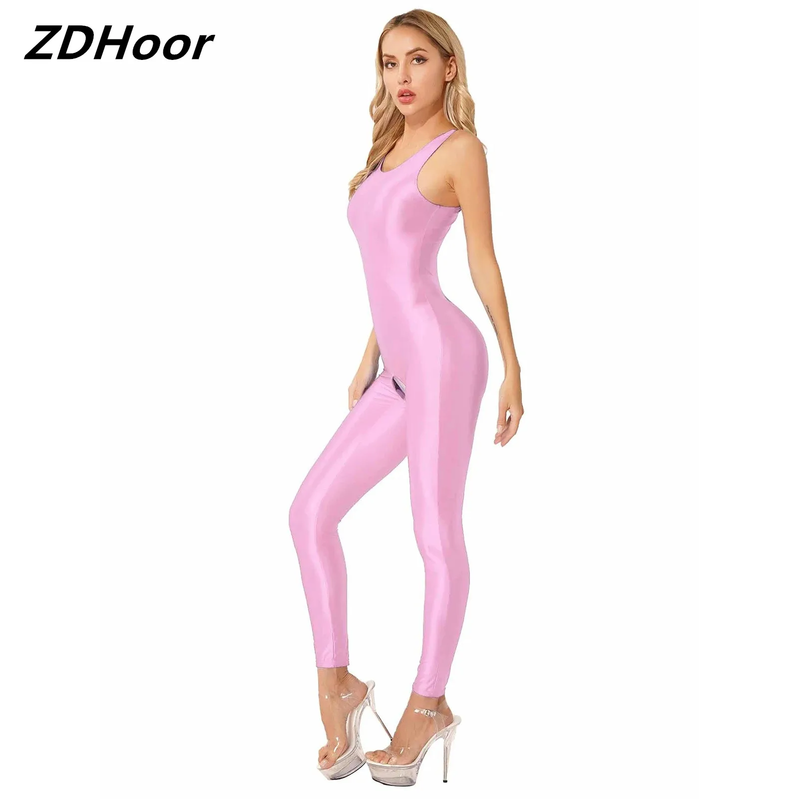 

Women Glossy Open Crotch Jumpsuits Tights Close-fitting Solid Color Stretchy U Neck Sleeveless Bodysuit Nightwear