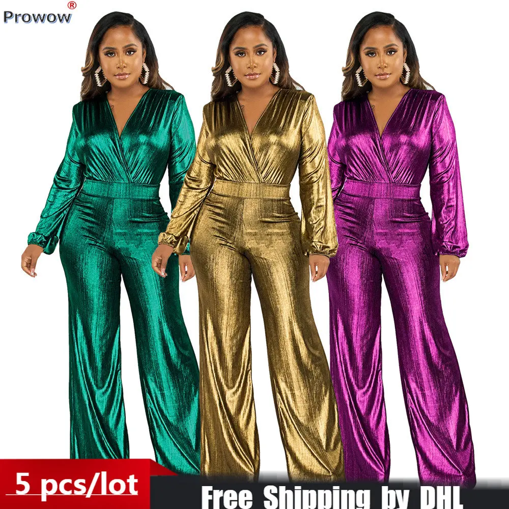

Glitter Metallic Jumpsuits Women Party Clothes Sexy Deep V Lady Night Club Overalls Elegant Wide Leg Romper Pants Wholesale 8788