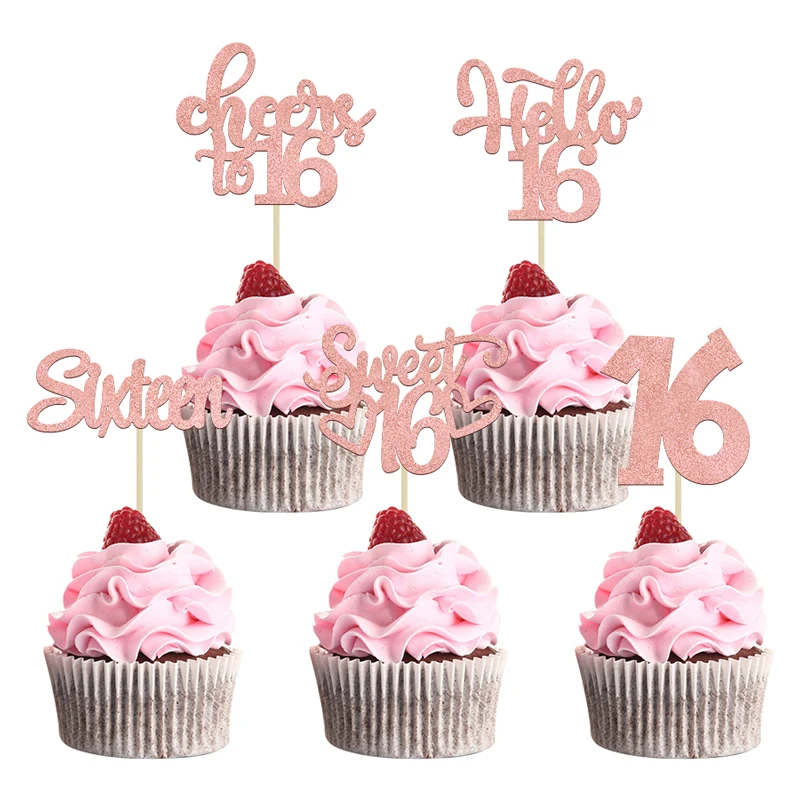 24 Stück Cupcake-Topper Für 16. Geburtstag – Glitzernd, Rosa, Mit „Sweet 16“ & Jahr