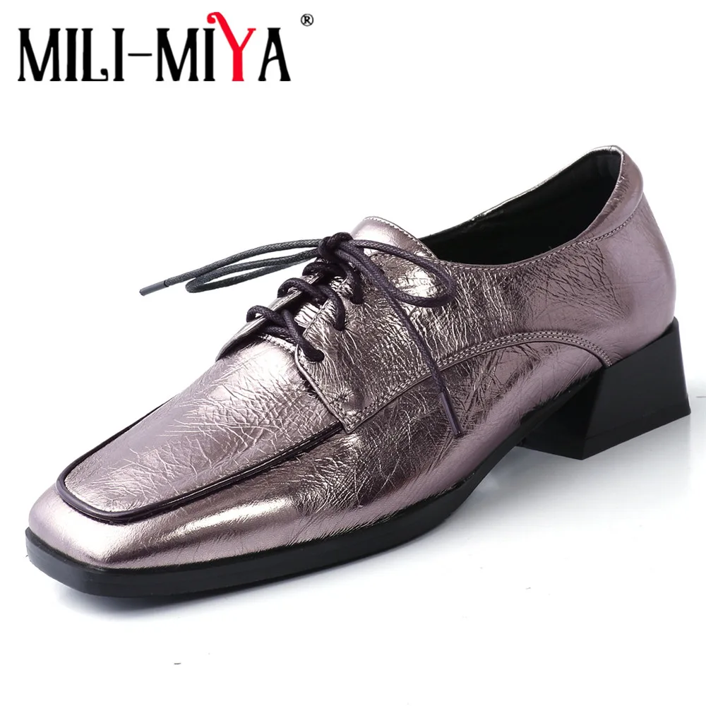 

MILI-MIYA New Arrival Women Full Genuine Leather Pumps Round Toe Thick Heels Classic Lace Up Solid Color Spring Autumn Loafers