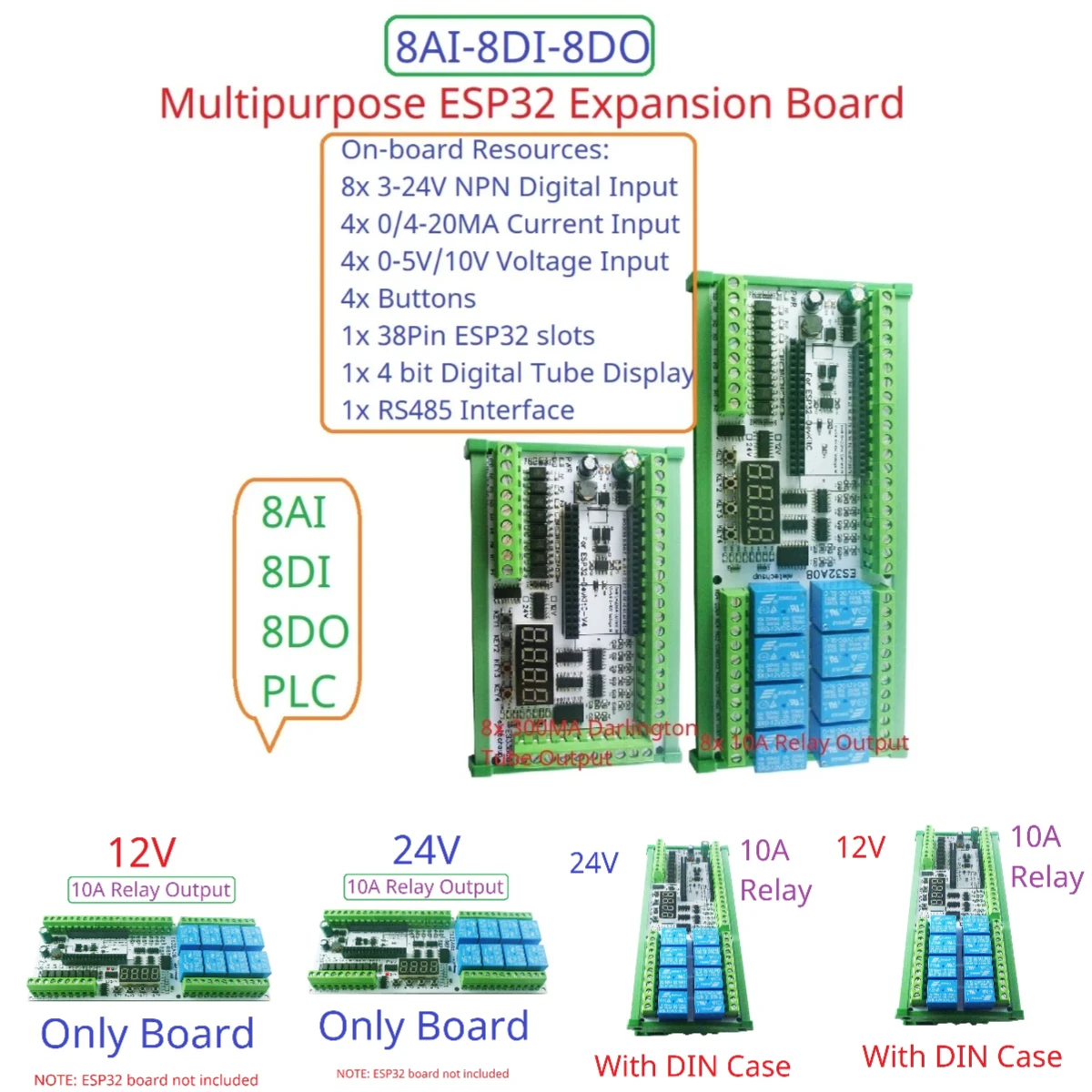 

DC 12V 24V 8AI-8DI-8DO ESP32 Expansion Board Wifi Digital Analog IO Module for Arduino WEB MQTT Ethernet Network Relay DIY