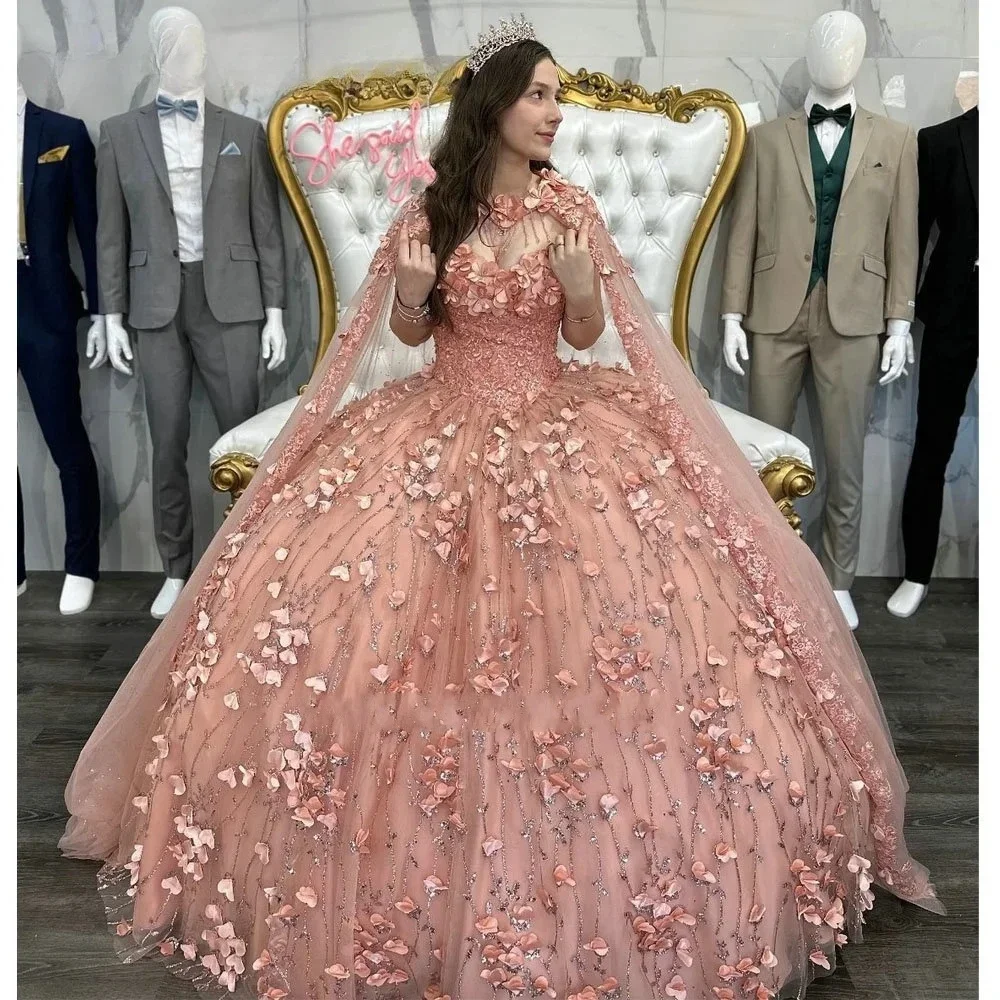 

Shiny Rose Gold Mexican Quinceanera Dresses Sweetheart Floral Flowers Appliqued Sparkle Sweet 16 Dresses 15 Años Ball Gown