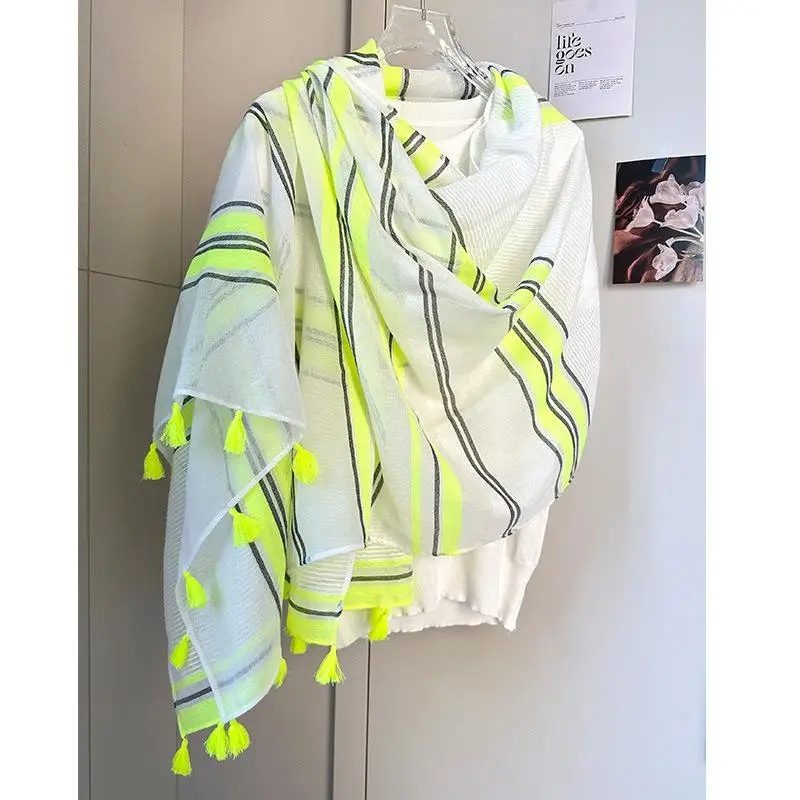

1Pc 190X72Cm Women Fashion Personality Fluorescent Color Stripe Tassels Scarf Ins Style Design Clothing Decoration Scarf Shawl