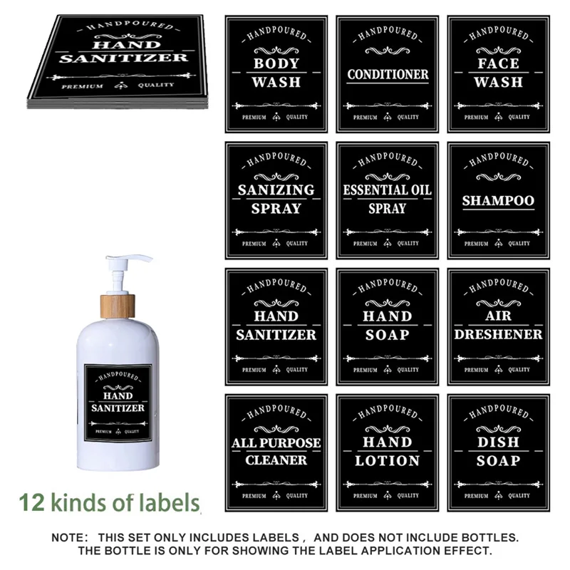 Bathroom Labels Sticker Set Hand Soap Storage Jar Shampoo Conditioner Lotion Bottle 12PCS