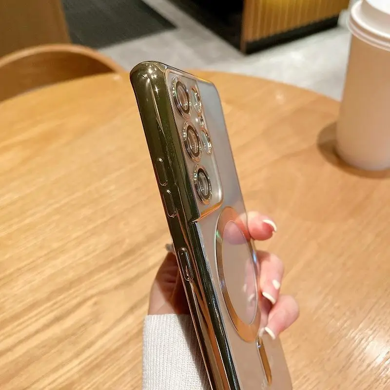 Luxury Transparent Plating For Magsafe Case For Samsung Galaxy S22 S23 S21 Ultra Plus Wireless Charge Silicone Clear Cover Cases