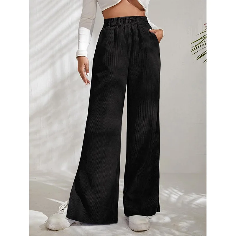 2023 Autumn and Winter New High Waist Pockets Casual Pants Solid color Corduroy Spliced Split Bottom Trousers for Womens