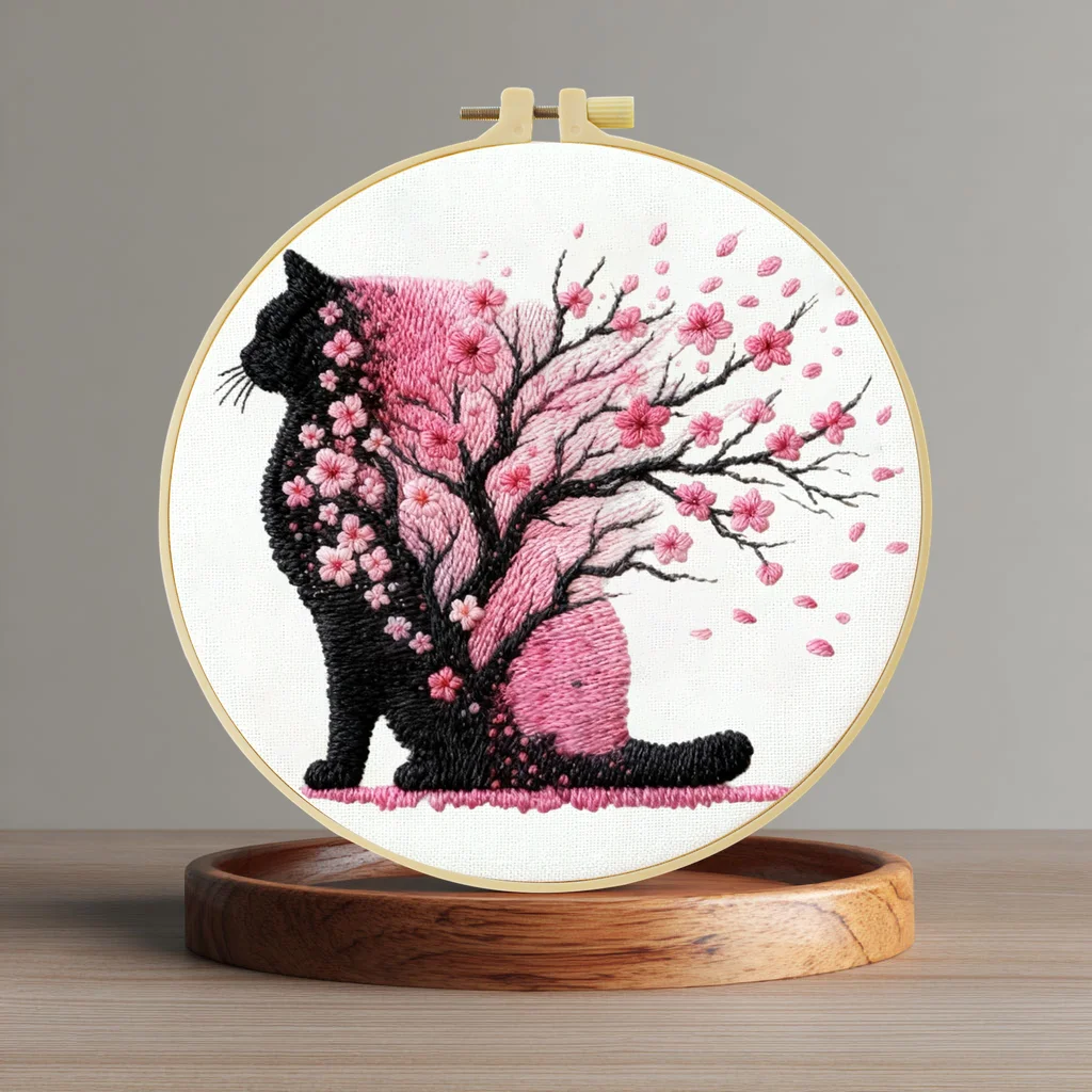 1 Stück 20X20CM/15X15CM Schwarze Katze und Kirschblüten Stickerei Starter-Kit DIY Kreuzstich Nähkunst als Geschenk