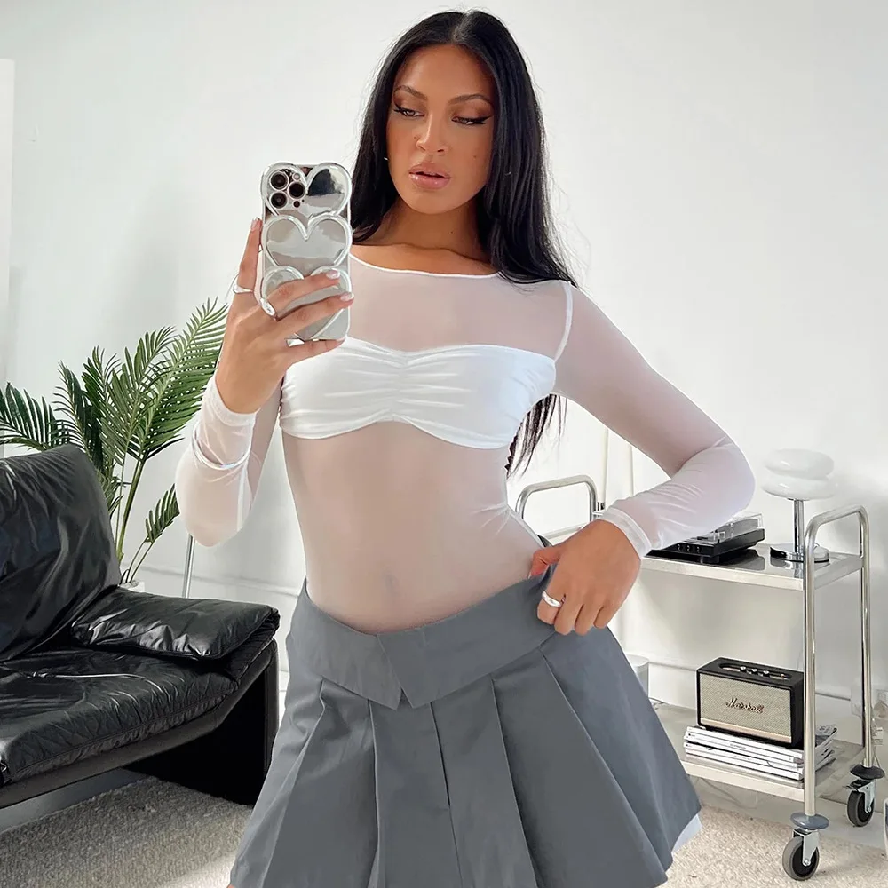 

Mesh See-through Sexy Hottie Strapless T-shirt Women Long Sleeve Slim Autumn White Transparent Pullover Blouse OL Lady Tee Top