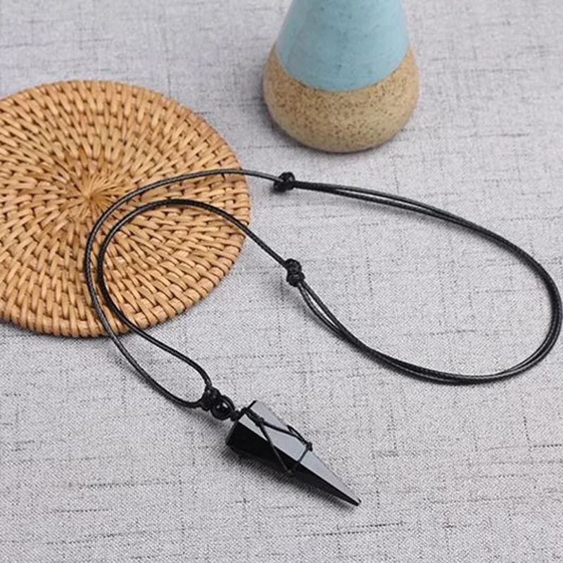 Natural Obsidian Blue Sandstone Necklaces & Pendants With Hand Braided Rope Energy Power Stone Cone Shape Amulets
