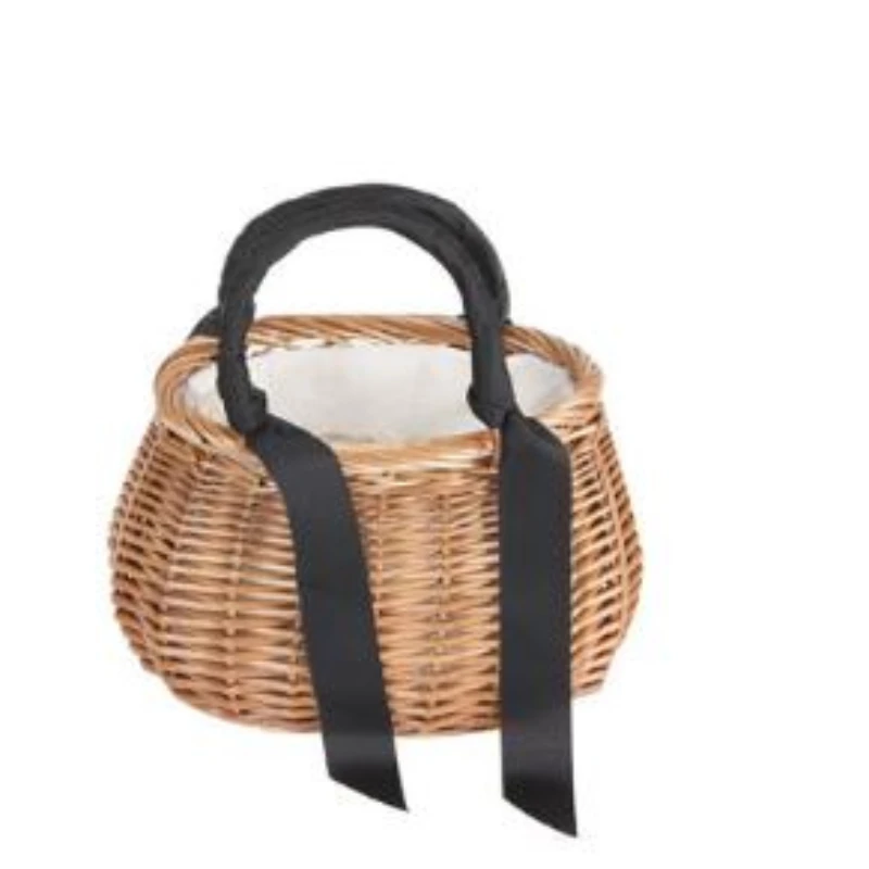 Wicker Flower Basket Rustic Style Woven Handbag Handmade Rattan Woven Trendy Concise Women Handbag Picnic Fabric Rattan Basket