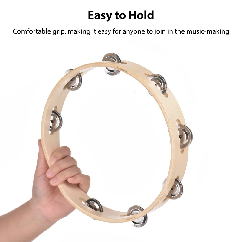 6 Inch Tambourine for Adults Pleasant Jingle Sound Hand Cranked Bell Rings Wooden Natural Color