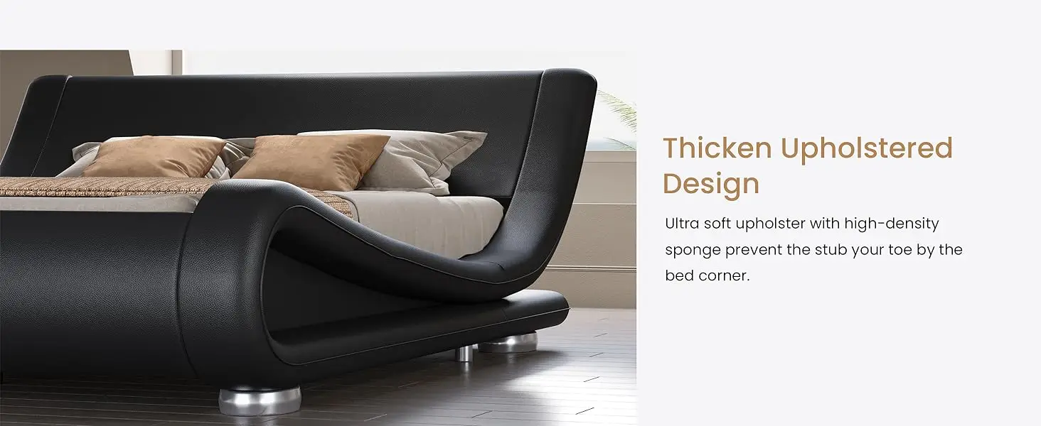 Description Picture 6 of itemSHA CERLIN King Upholstered Bed Frame, Low Profile Sleigh Bed, Faux Leather Headboard, No Box Spring Needed, Easy Assembly,Black