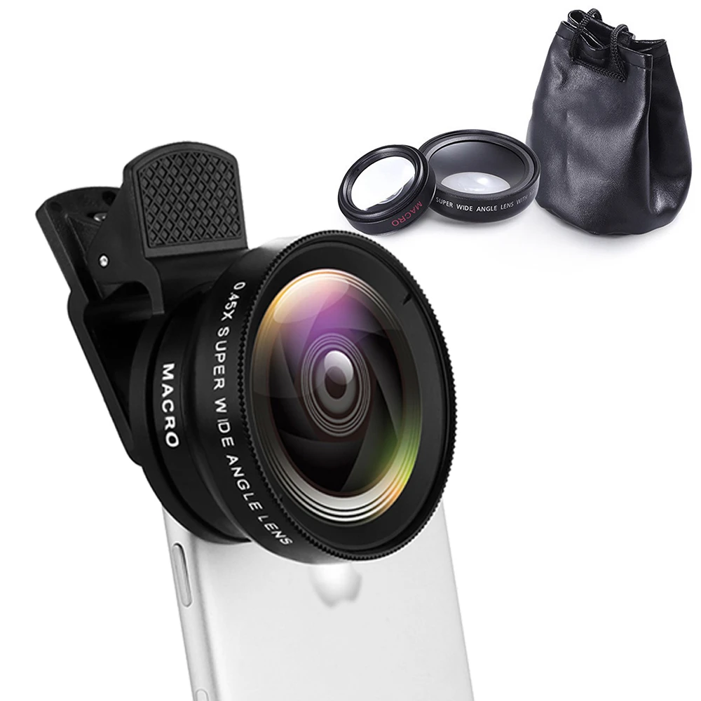 2 in1 Phone Lens Kit Mount 12.5x Fish Eye Super Macro Lenses Zoom 0.45x Super Wide Angle for iPhone Android Phone Photography smartphone camera lens