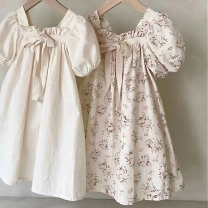 

Ins Baby Girl Puff Sleeve Dresses Summer Bowknot Flowers Princess Vintage Dress Holiday Party 1-6T Clothes for Young Girls