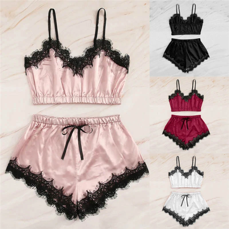 Sexy Lingerie dentelle Satin Pama ensembles sans manches sangle haut + nœud culotte mode tentation vêtements de nuit chemises de nuit S-XXL 2022 chaud_voghion.com