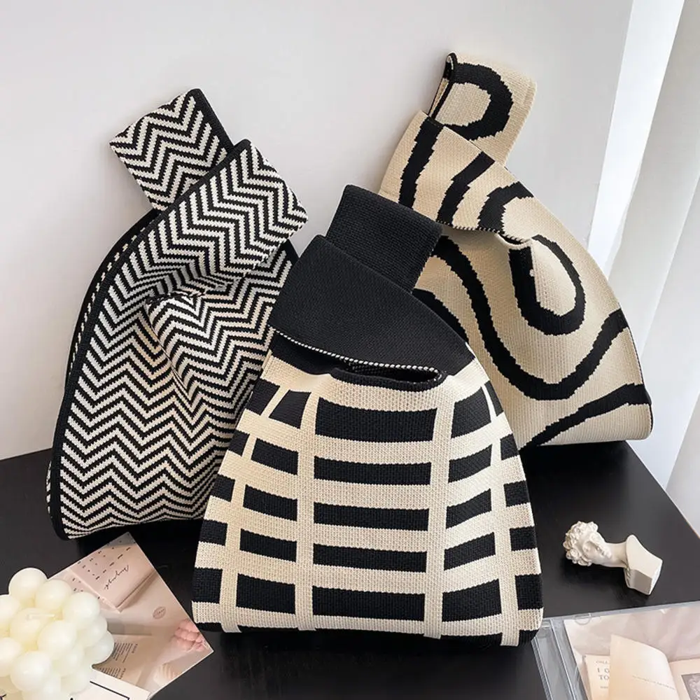 

Handmade Knit Handbag Women Mini Knot Wrist-bag Female Casual Color Wide Stripe Plaid Tote Bag Student Reusable Shopping Bag