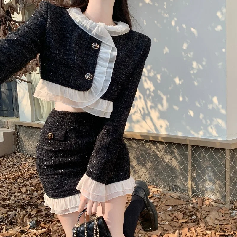 

Женский твидовый костюм из двух предметов, короткая куртка и облегающая юбка, комплект из двух предметов, Осень-зима