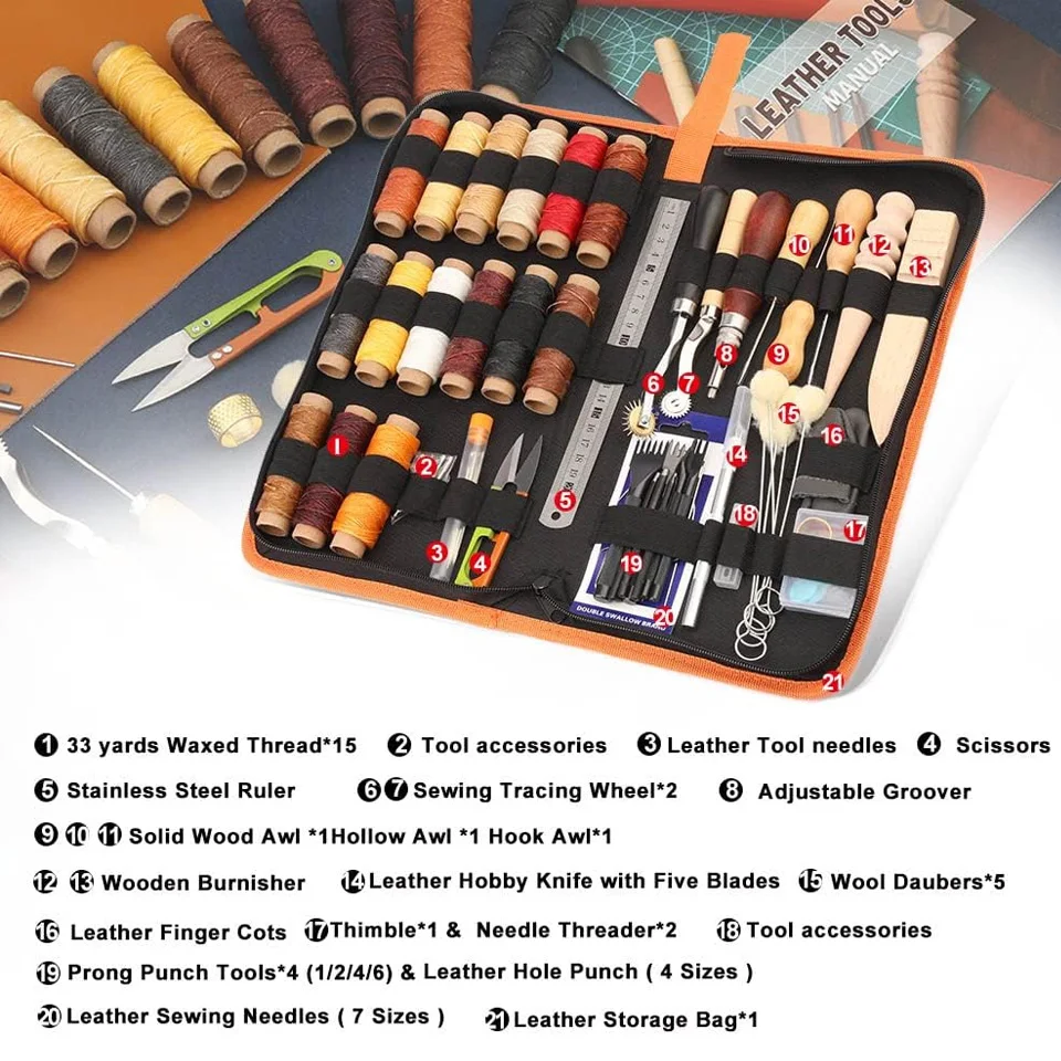 Practical Leather Craft Kit with Waxed Thread Groover Awl Stitching Punch Hole for Leathercraft Beginner