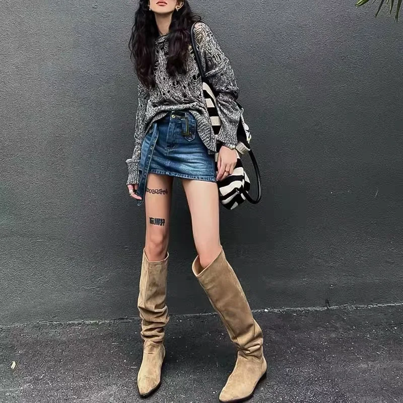 Botas 여성용 나이트 부츠, 두꺼운 힐, 허벅지 하이 부츠, 하이 배럴 스웨이드 스타일, 레트로 무릎 길이 패션, 가을, 겨울