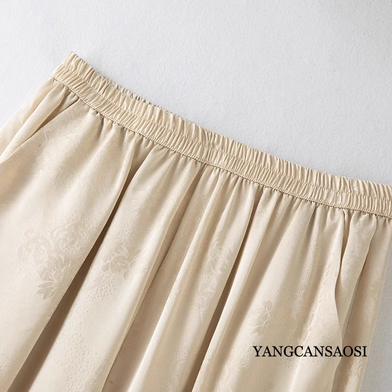 2024 Women's Fashion Summer New 100% Natural Mulberry Silk Jacquard Satin Champagne High Waist Draping Straight Casual Pants