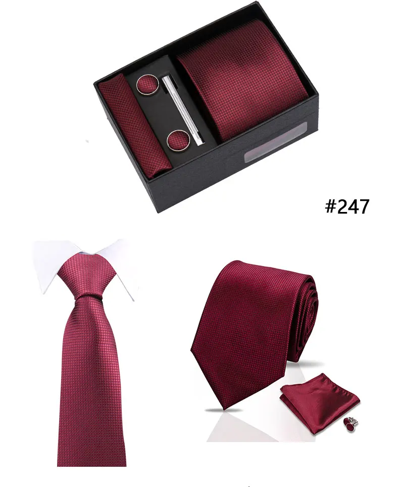 Top Quality Tie Set Gift Box Necktie Pocket Squares Cufflinks Tie-Clip Set With Black Box Men Birthday Gift Gravatas Accessories