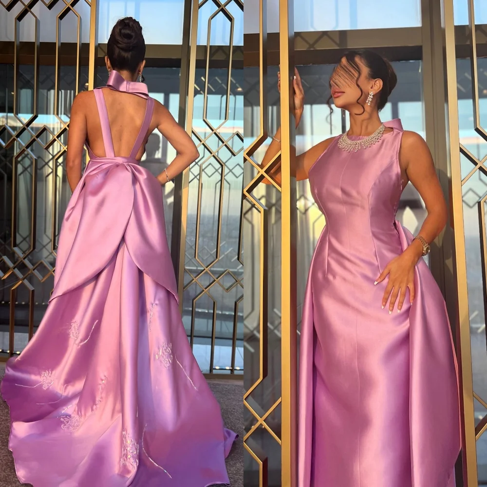 

Fashion Halter Ball Gown Sweep/Brush Prom Dresses Bows Applique Sequin Satin Formal Occasion فساتين سهره نسائيه فخمةفساتين