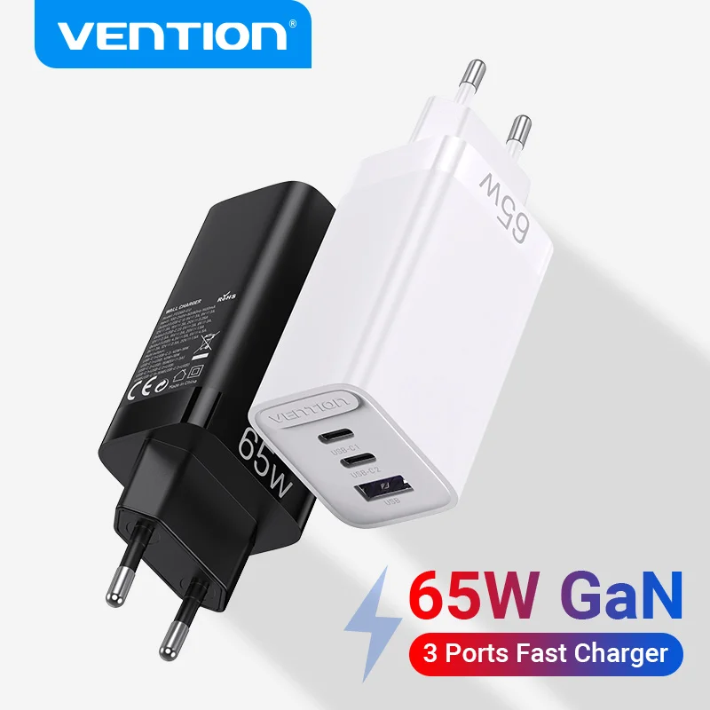 Cargador De Pared 65w Carga Rápida Gan Vention 2 Usb C 1 Usb