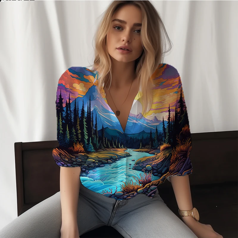 

Summer new lady shirt valley landscape 3D printed lady shirt casual vacation style ladies shirt fashion trend loose lady shirt