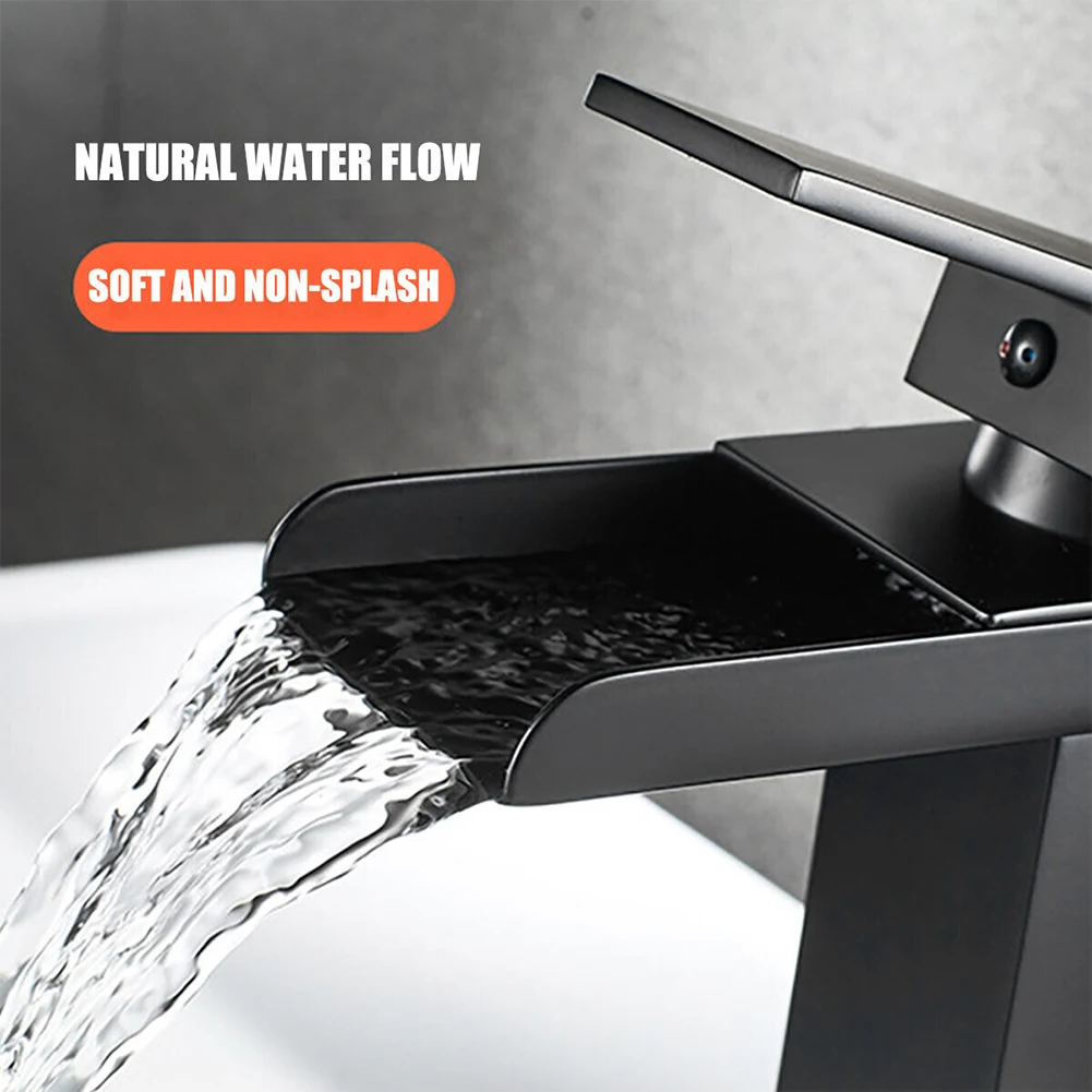 

1pc Bathroom Sink Basin Faucet Waterfall Hot Cold Water Mixer Tap Deck Mounted Single Handle Stainless Steel Home Improvement