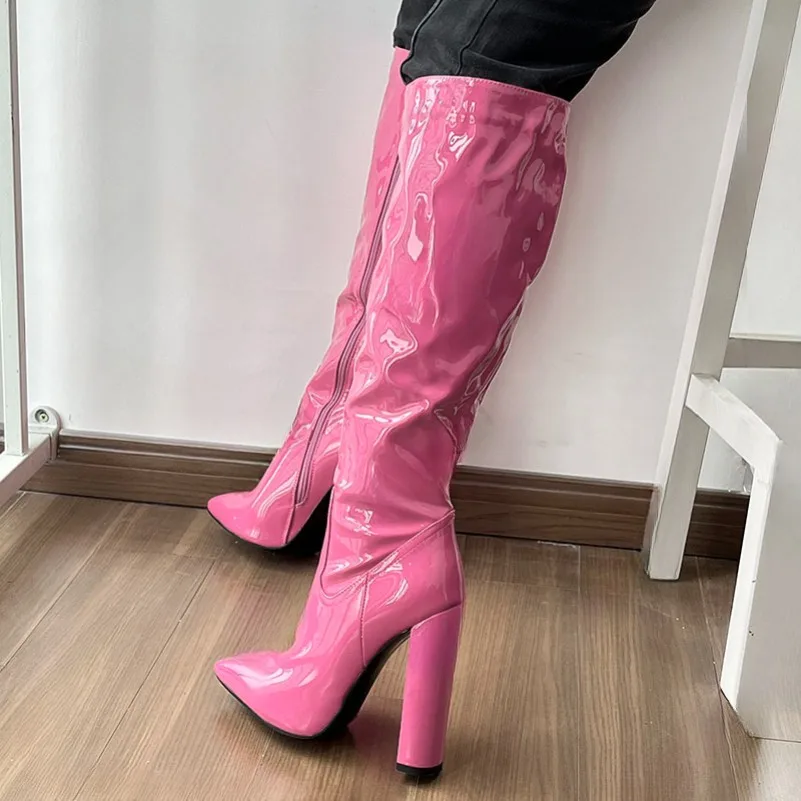 

2024 New Arrival Women Winter Knee Boots Unisex Full Zipper Block High Heels Pointed Toe Fuchsia Casual Shoes Plus US Size 5-15